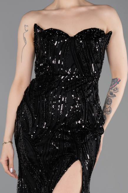 Standesamtkleid Lang Perlenbesetzt Schwarz ABU6205
