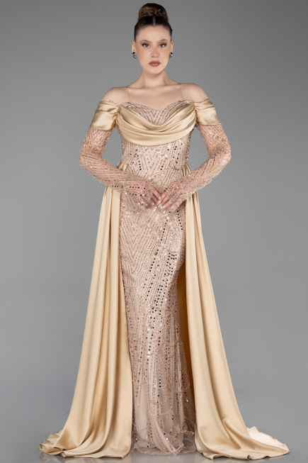 Abendkleid Lang Perlenbesetzt Gold ABU5934