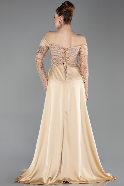 Abendkleid Lang Perlenbesetzt Gold ABU5934