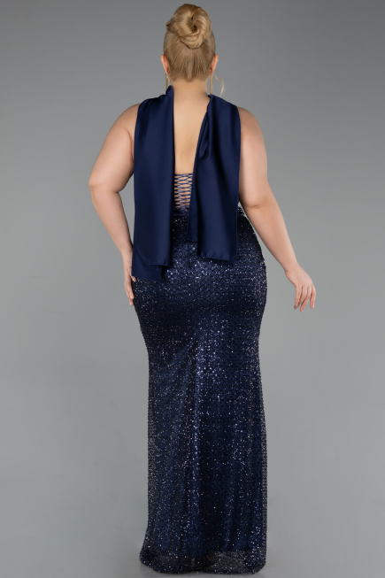 Abendkleid in Übergröße Lang Perlenbesetzt Marineblau ABU6258