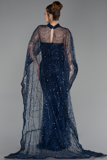 Abendkleid Lang Perlenbesetzt Marineblau ABU6220