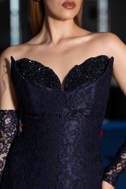Abendkleid Lang Spitze Marineblau ABU6229