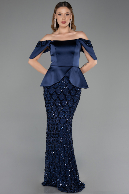Abendkleid Lang Schuppig Marineblau ABU6254