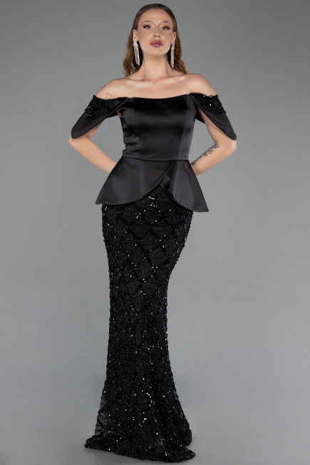 Abendkleid Lang Schuppig Schwarz ABU6254
