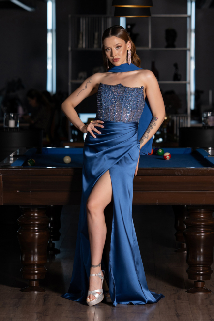 Abendkleid Lang Satin Indigo ABU6276