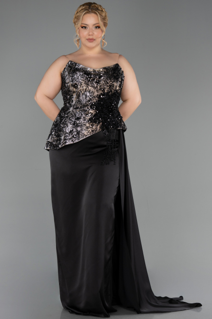Kleider in Großen Größen Lang Satin Schwarz ABU6304