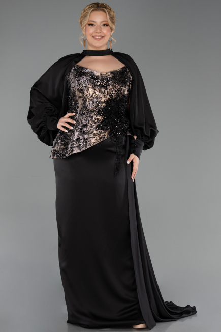 Kleider in Großen Größen Lang Satin Schwarz ABU6304
