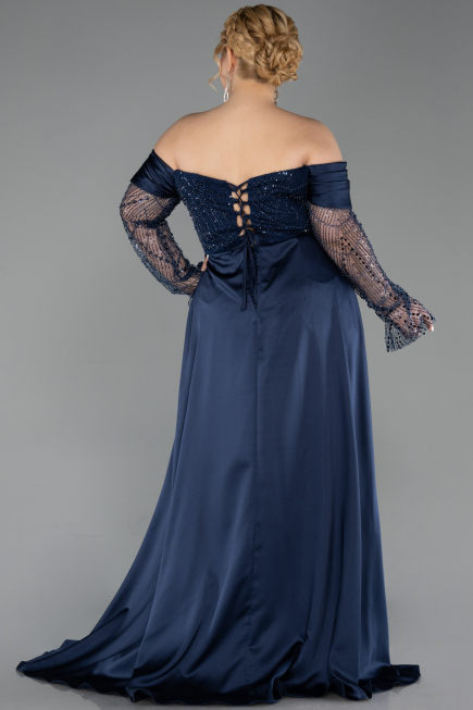 Abendkleid in Übergröße Lang Perlenbesetzt Marineblau ABU6093