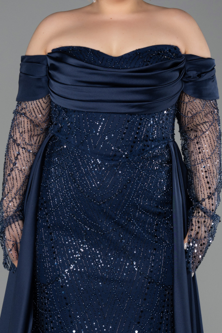 Abendkleid in Übergröße Lang Perlenbesetzt Marineblau ABU6093