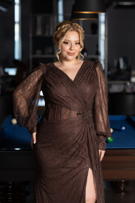 Abendkleid in Übergröße Lang Spitze Braun ABU6283