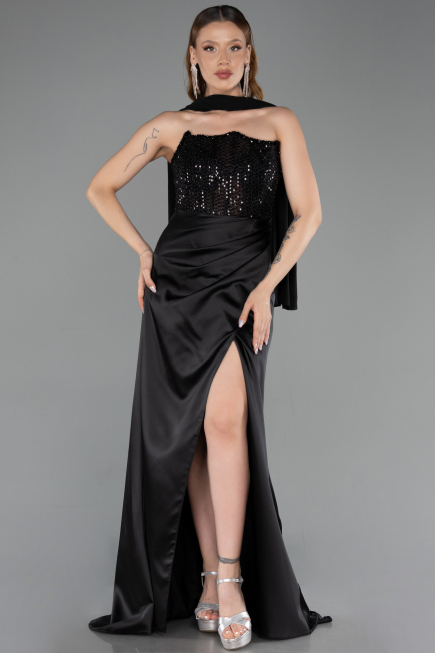 Abendkleid Lang Satin Schwarz ABU6276