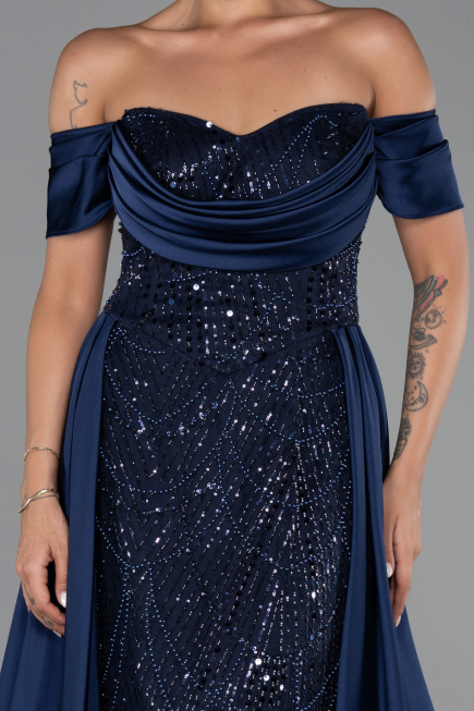 Abendkleid Lang Perlenbesetzt Marineblau ABU6329