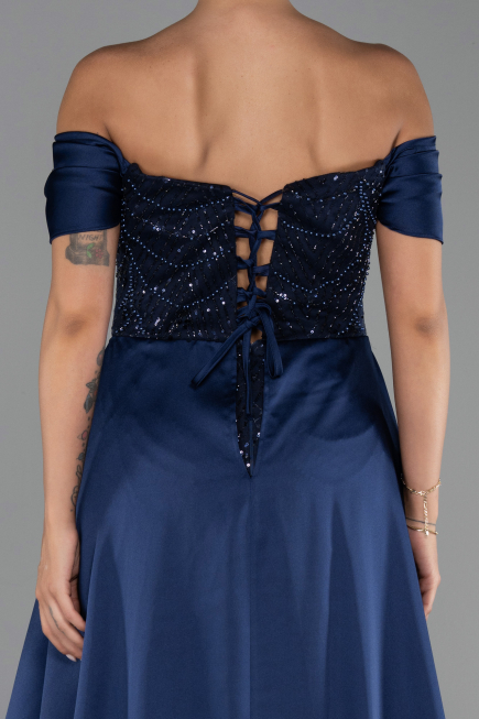 Abendkleid Lang Perlenbesetzt Marineblau ABU6329
