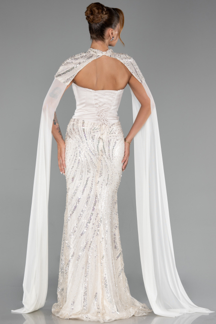 Abendkleid im Meerjungfrau-Stil Lang Perlenbesetzt Beige ABU6315