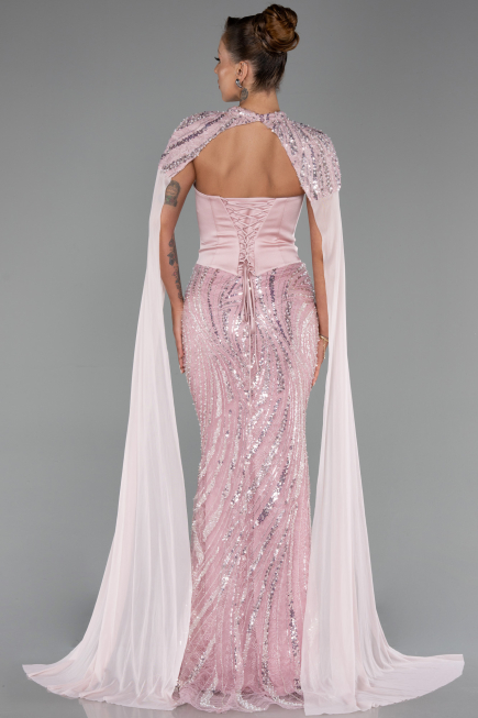 Abendkleid im Meerjungfrau-Stil Lang Perlenbesetzt Puder ABU6315