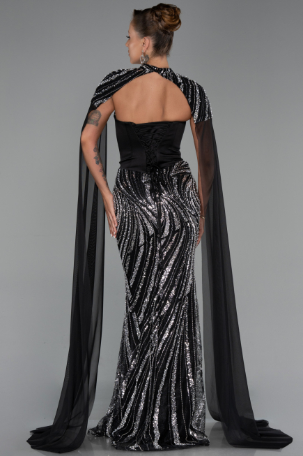 Abendkleid im Meerjungfrau-Stil Lang Perlenbesetzt Schwarz ABU6315