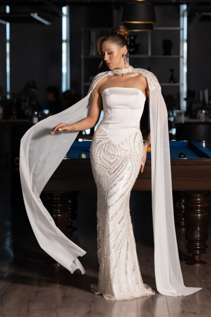Abendkleid im Meerjungfrau-Stil Lang Perlenbesetzt Beige ABU6315