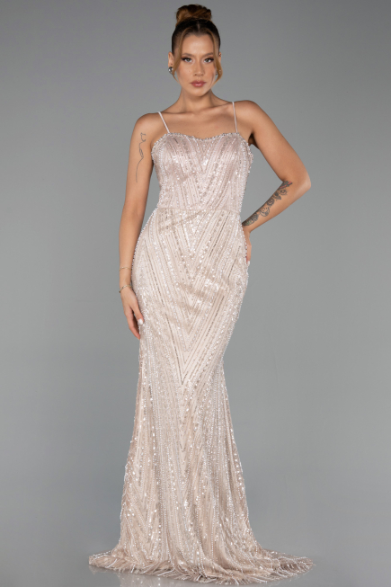 Abendkleid Lang Perlenbesetzt Beige ABU5730