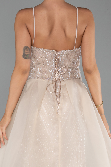 Abendkleid Lang Perlenbesetzt Beige ABU5730