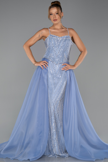 Abendkleid Lang Perlenbesetzt Eisblau ABU5730