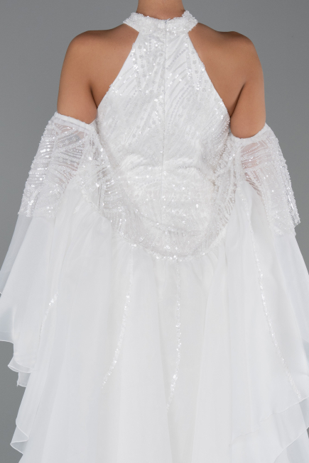 Standesamtkleid Lang Perlenbesetzt Weiß ABU6348