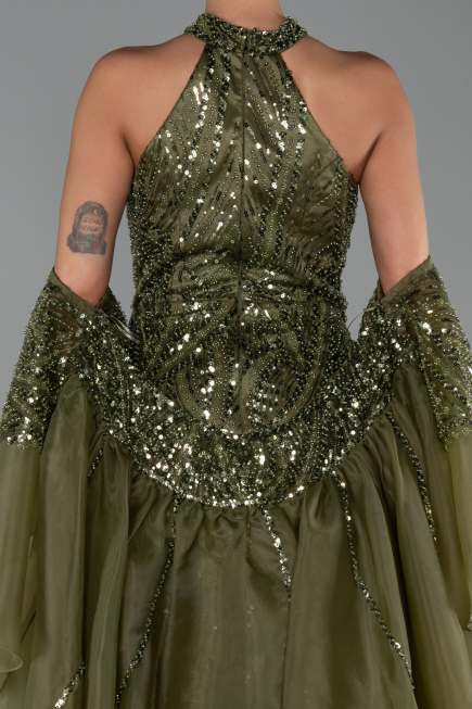 Standesamtkleid Lang Perlenbesetzt Khaki ABU6348