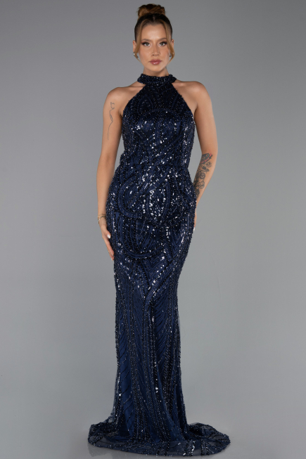 Standesamtkleid Lang Perlenbesetzt Marineblau ABU6348