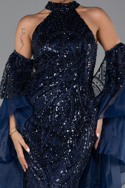 Standesamtkleid Lang Perlenbesetzt Marineblau ABU6348