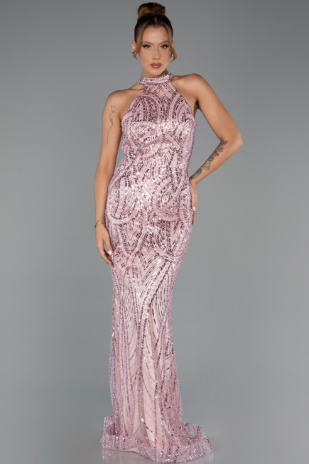 Standesamtkleid Lang Perlenbesetzt Puder ABU6348