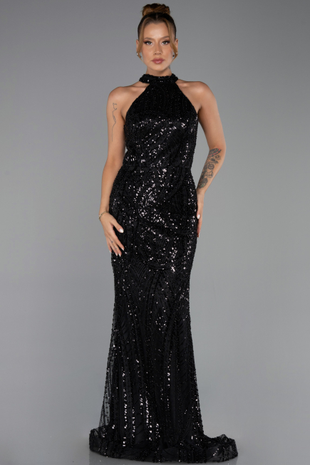 Standesamtkleid Lang Perlenbesetzt Schwarz ABU6348