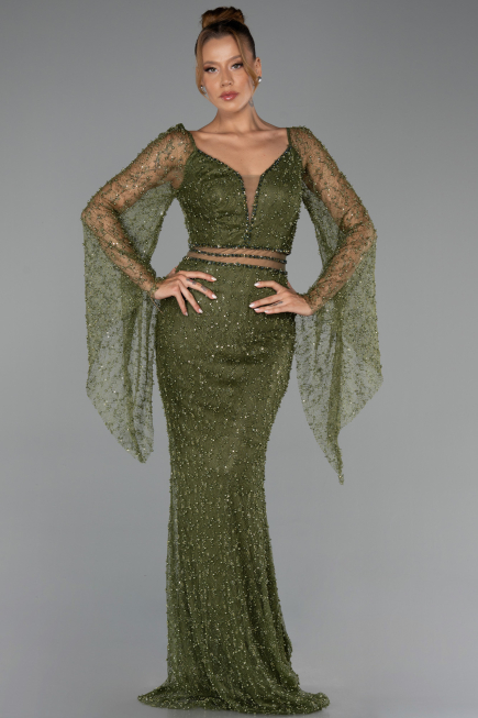 Abendkleid Lang Perlenbesetzt Khaki ABU6349