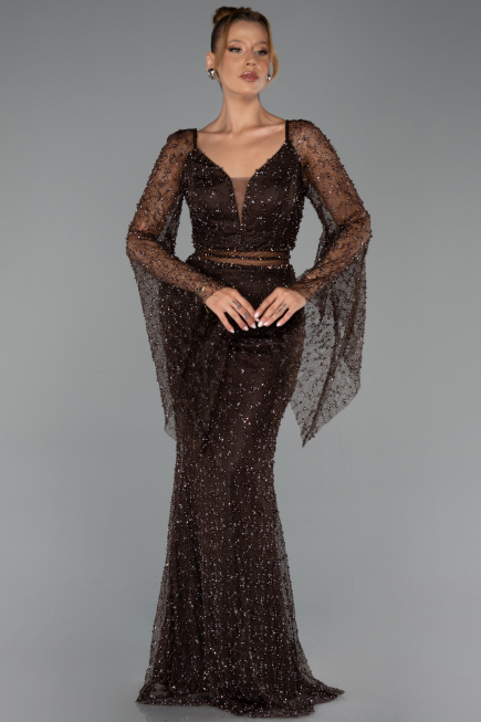 Abendkleid Lang Perlenbesetzt Braun ABU6349