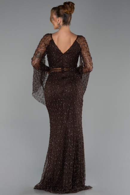 Abendkleid Lang Perlenbesetzt Braun ABU6349