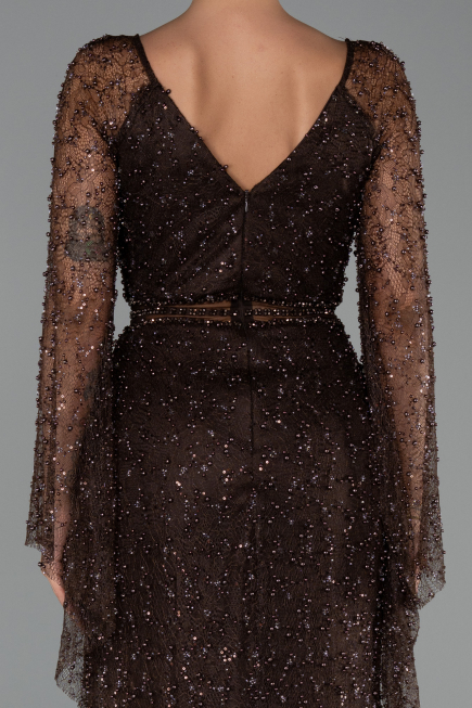 Abendkleid Lang Perlenbesetzt Braun ABU6349