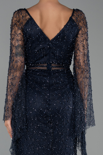 Abendkleid Lang Perlenbesetzt Marineblau ABU6349