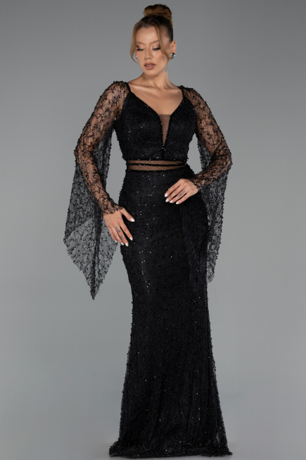Abendkleid Lang Perlenbesetzt Schwarz ABU6349