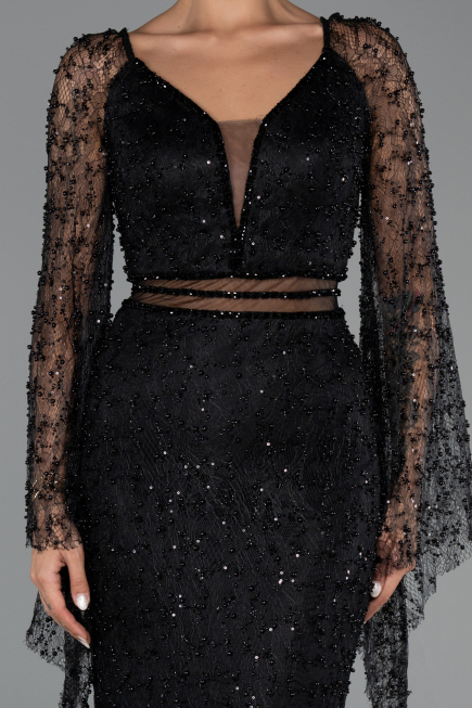 Abendkleid Lang Perlenbesetzt Schwarz ABU6349