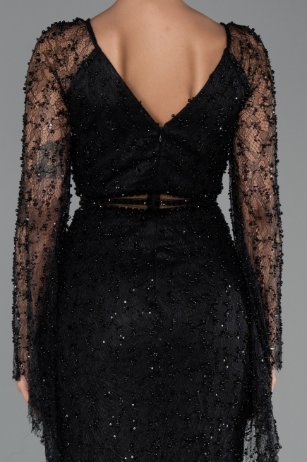 Abendkleid Lang Perlenbesetzt Schwarz ABU6349