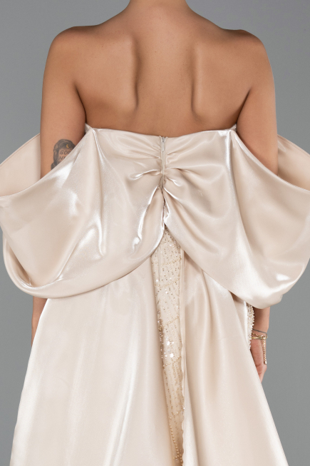 Abendkleid Lang Perlenbesetzt Beige ABU6351