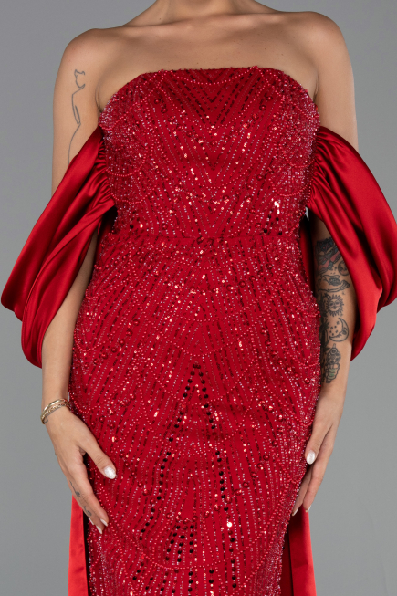 Abendkleid Lang Perlenbesetzt Rot ABU6351