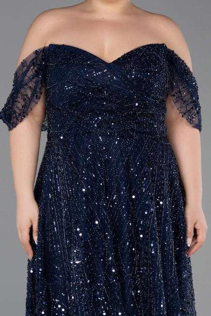 Abendkleid in Übergröße Lang Perlenbesetzt Marineblau ABU6347