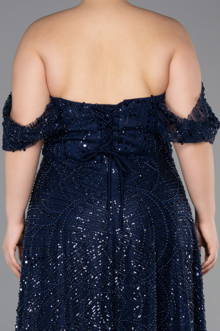 Abendkleid in Übergröße Lang Perlenbesetzt Marineblau ABU6347