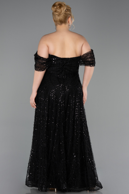 Abendkleid in Übergröße Lang Perlenbesetzt Schwarz ABU6347