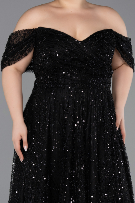Abendkleid in Übergröße Lang Perlenbesetzt Schwarz ABU6347