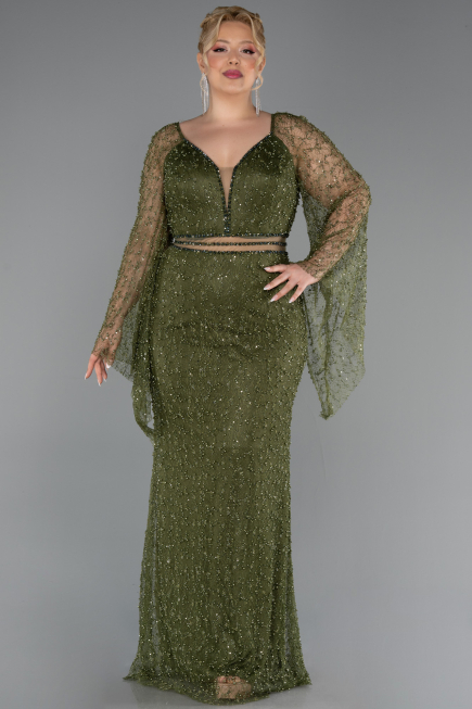 Abendkleid in Übergröße Lang Perlenbesetzt Khaki ABU6350