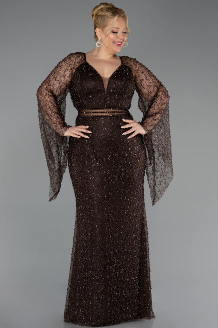 Abendkleid in Übergröße Lang Perlenbesetzt Braun ABU6350