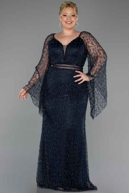 Abendkleid in Übergröße Lang Perlenbesetzt Marineblau ABU6350