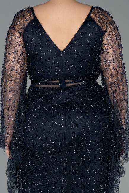 Abendkleid in Übergröße Lang Perlenbesetzt Marineblau ABU6350