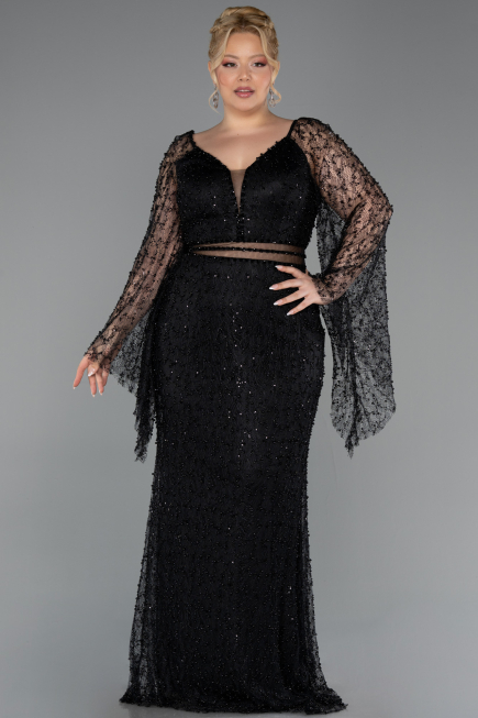 Abendkleid in Übergröße Lang Perlenbesetzt Schwarz ABU6350