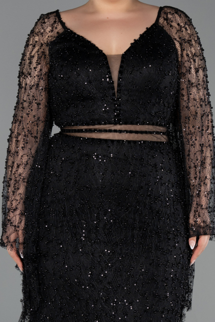 Abendkleid in Übergröße Lang Perlenbesetzt Schwarz ABU6350